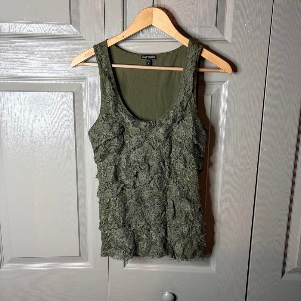Express Olive Green Y2K Ruffle Cami Tank Top Lace Fairy Cottagecore Womens M